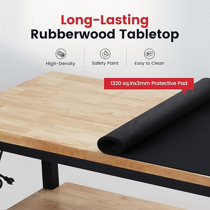 ENJOYWOOD 60" x 22" Heavy Duty Workbench Adjustable Height Garage Work Table with Solid Rubberwood Top, Pegboard & Power Outlets for Workshop, Home & Office