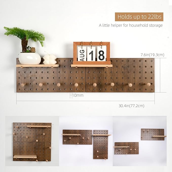 Brown Wood Pegboard Modular Display Wooden Pegboard Combination Wall Organizer Storage Wall Hooks Shelf for Home, Office, Bathroom, Comes with 2 Pieces Pegboards