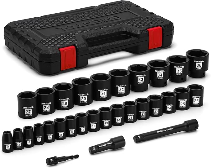 EMENTOL 30PCS 1/2" Drive Shallow Impact Socket Set, Metric, 10mm - 36mm, CR-MO, 6 Point, Includes 3-inch and 6-inch Imapct Extension Bars, 1/4"-1/2" Drill Adapter