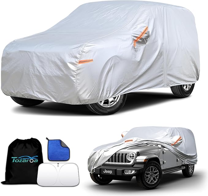 Car Cover Waterproof All-Weather,Heavy-Duty Outdoor Full Exterior Automobiles Snow Cover for Jeep Wrangler 2 Door CJ YJ JK JL(1987-2026),with Sun Visor,Towel&Storage Bag