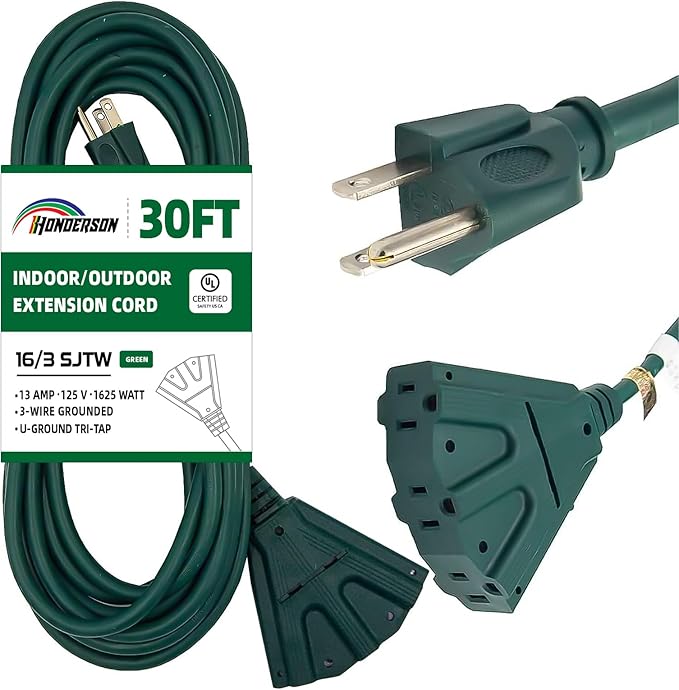 3-Outlets Indoor Outdoor Extension Cord Weatherproof, UL Certified, 16 Gauge 30FT Green 3 Prong Heavy Duty, 16/3 SJTW 13A Power Cord