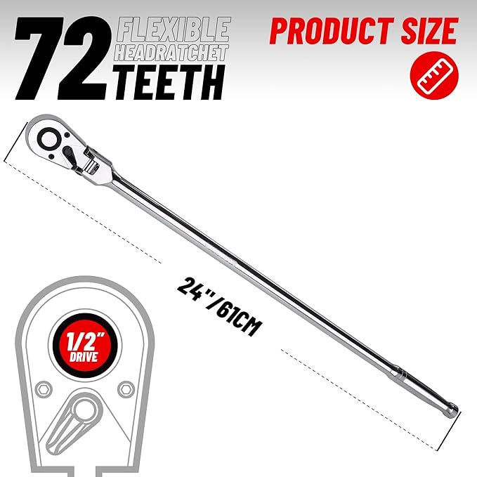 1/2 Inch Drive Ratchet, Flex Head Ratchet 1/2 Ratchet Long Handle, 72 Tooth Quick Release Swivel Head Ratchet Cr-Mo Head Socket Wrench Flexible Ratchet Handle-24/610mm