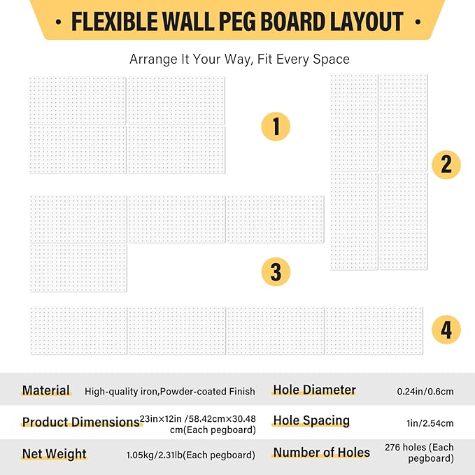 DEWEL Peg Board, 23" x 12" Metal Pegboard Panels, 4 Pack Metal PegBoard Organizer with Accessories, Wall Organizer Peg Board for Garage and Garden Tool Storage, Includes Installation kit（4pcs white）