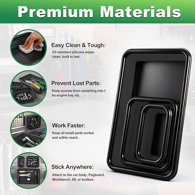 Collapsible Magnetic Parts Tray Set with Extra Strong Magnet Up to 18LB, 3 Different Size Silicone Foldable Tool for Organizing Screw Bolts Nuts Washers Pins and Other Small Metal Parts -Black