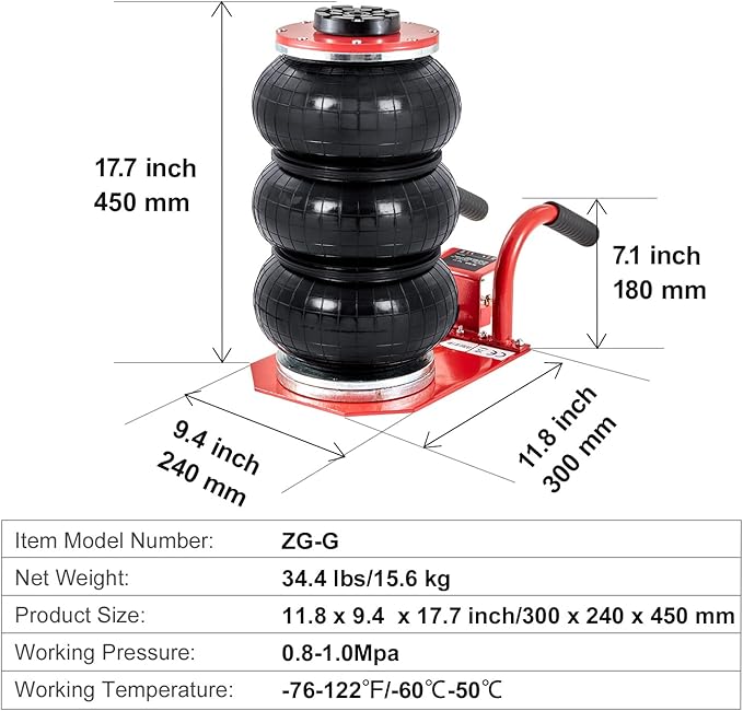 VEVOR Air Jack, 3 Ton/6600 lbs Triple Bag Air Jack, Air Bag Jack Lift Up to 15.75 Inch, 3-5S Fast Lifting Air Bag Jack for Cars with Short Handle (Red)