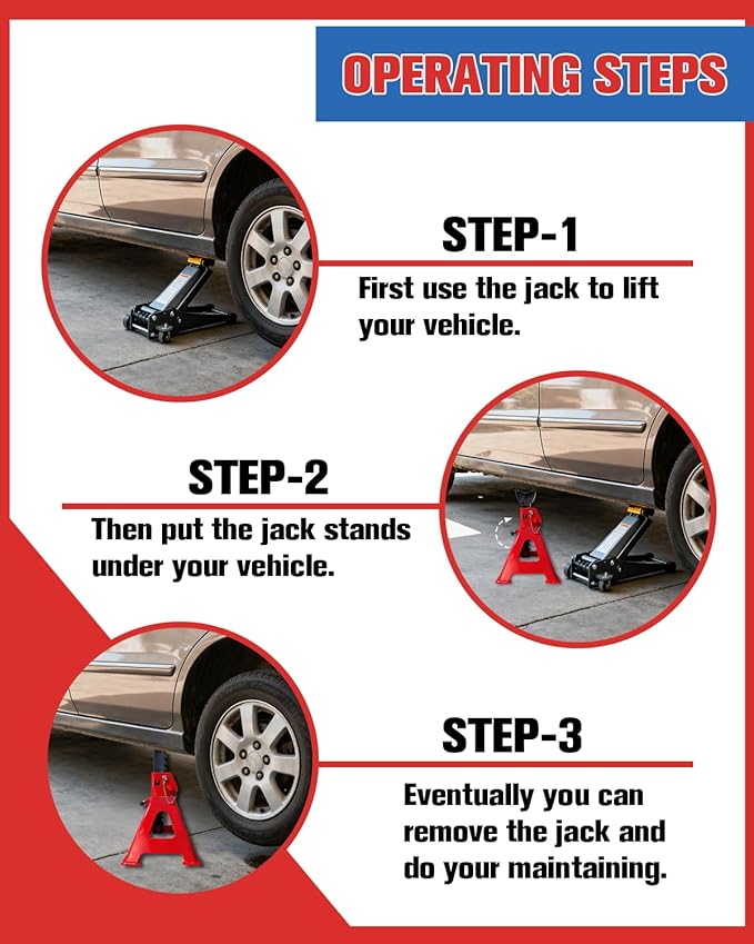 3 Ton Jack Stands (6,600 lbs) - Heavy Duty Car Jack Stand with Double Pin Locking, Adjustable 11.22"-16.54" Height, Extra Rubber Pads for Trucks, Garage, Home Use - 1 Pair Red