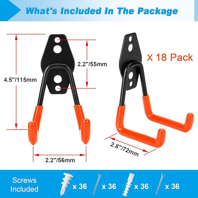 18 Pack Garage Hooks Heavy Duty - Supports 100 lbs, Utility Steel Garage Hanger & Organizer for Organizing Garden Lawn Tools, Ladders, Garden Hose, Digging Shovel, Bikes, Ropes (Orange)