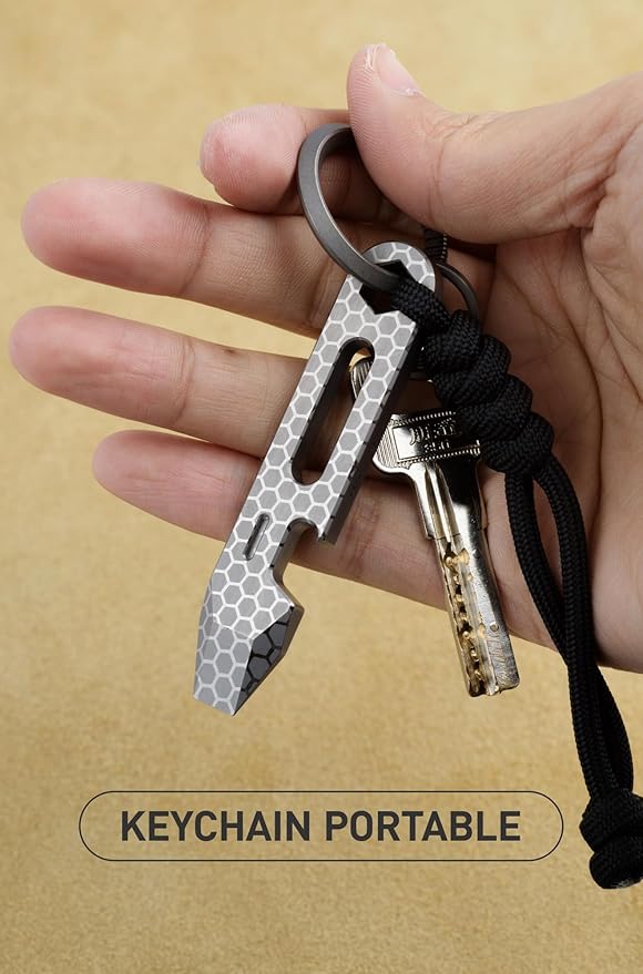 KEEPO LINK Titanium EDC Pry Bar Multitool, 4-in-1 Keychain Prybar Tool with Bottle Opener, Hex Wrench & 5cm Ruler, Ultra-Light Pocket Pry Tool for Everyday Carry & Outdoor, OLT03 (Honeycomb Silver)