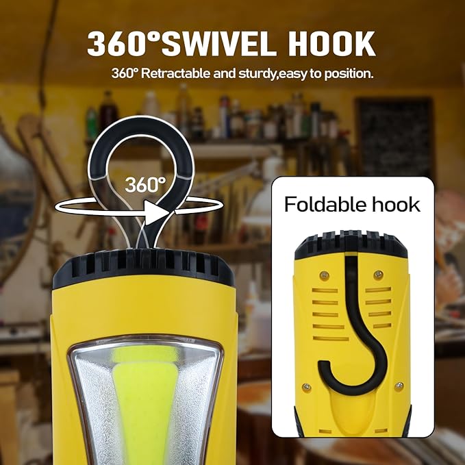 EP 25 Ft LED Work Light, 1200 Lumen COB LED Trouble Light - 16 Gauge SJTW Indoor Outdoor Extension Cord, Handheld, Magnetic Base, Rotatable Hanging Hook - Yellow
