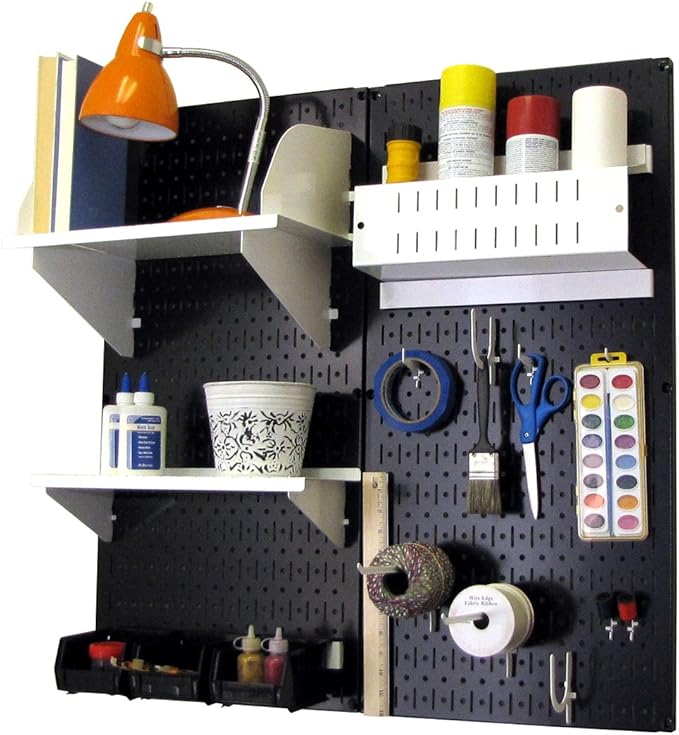 Wall Control Hobby Craft Pegboard Organizer Storage Kit with Black Pegboard and White Accessories
