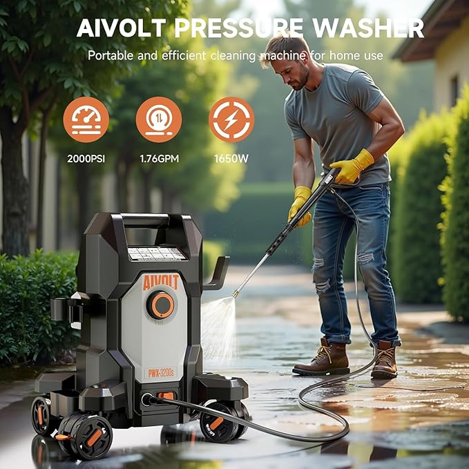 AIVOLT Pressure Washer, Portable Power Washer with Anti-Tipping 4-Wheel Design, 4 Quick-Connect Nozzles, Foam Cannon, Spray Gun & Cleaning Brush Set for Cars, Driveways, Fences, Patios & Home