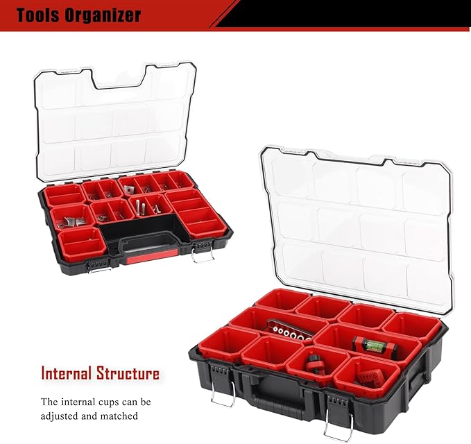 Tools Organizer, Small Parts Storage Toolbox, 2 Pcs (1+1) Durable Hardware Deep Box Storage, 17.3 * 14 * 6.7" with Removable Inner Cups