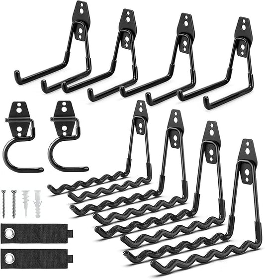 12 Pack Garage Hooks, 2 Extension Cord Storage Straps, Steel Utility Wall Mount Storage Organizer with Anti-Slip Coating for Hanging Ladders, Bikes, Garden Tools, Hose