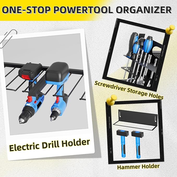 Power Tool Organizer Wall Mount with Charging Station, Drill Holder, Heavy Duty Storage Utility Racks, Supports 600 lbs,Battery Shelf for Garage and Workbench (24 Inch 6 Drills Holder)