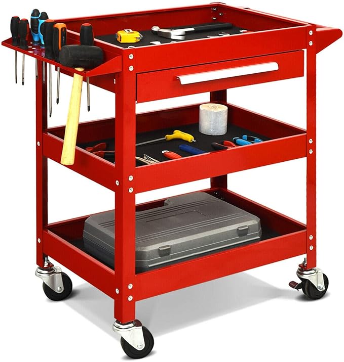 Goplus 3 Tier Rolling Tool Cart, 330 LBS Capacity Heavy Duty Utility Cart Tool Organizer with Storage Drawer, Industrial Commercial Service Tool Cart for Mechanics, Garage, Warehouse & Repair Shop