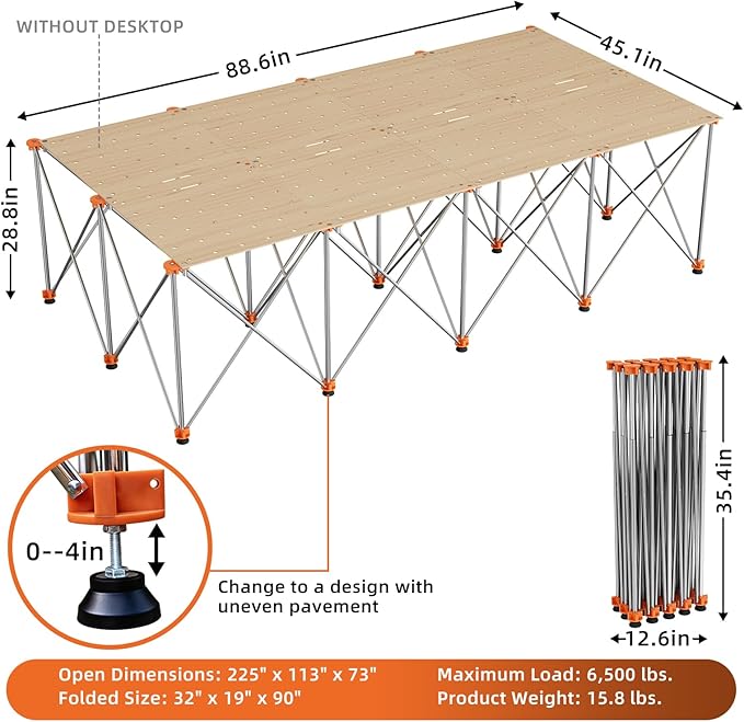 8'x4' Heavy Duty Portable Folding Workstand - 6,500 lbs Capacity Collapsible Workbench with Thickened Legs, Round Steel X-Braces & 4" Adjustable Leveling Feet - Instant Setup for Jobsite & Garage