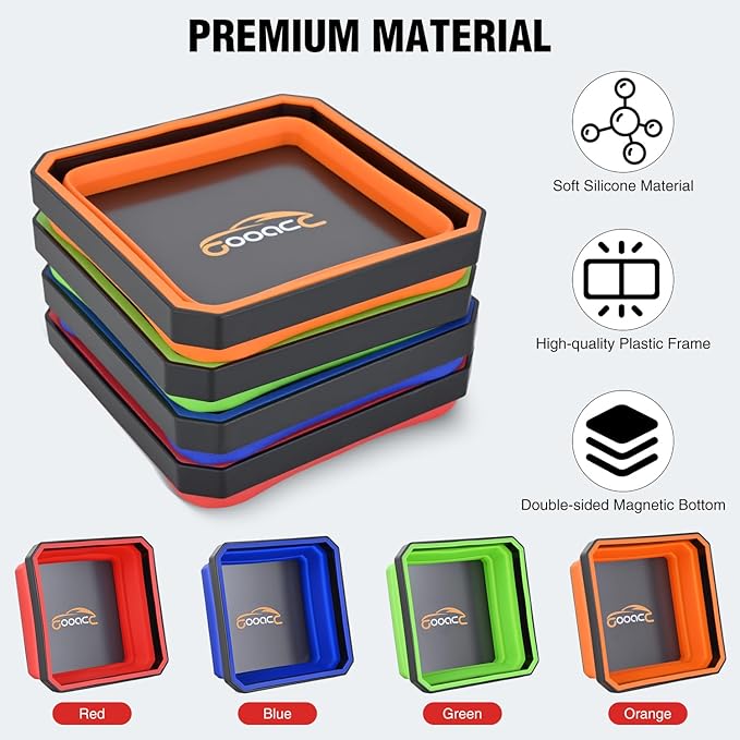 GOOACC 4 Pcs Square Collapsible Magnetic Parts Tray Set Multiple Colors Silicone Foldable Tool Trays Organizer for Screws Bolts Nuts Pins Washers and Other Small Metal Parts Double Sided Magnet Base