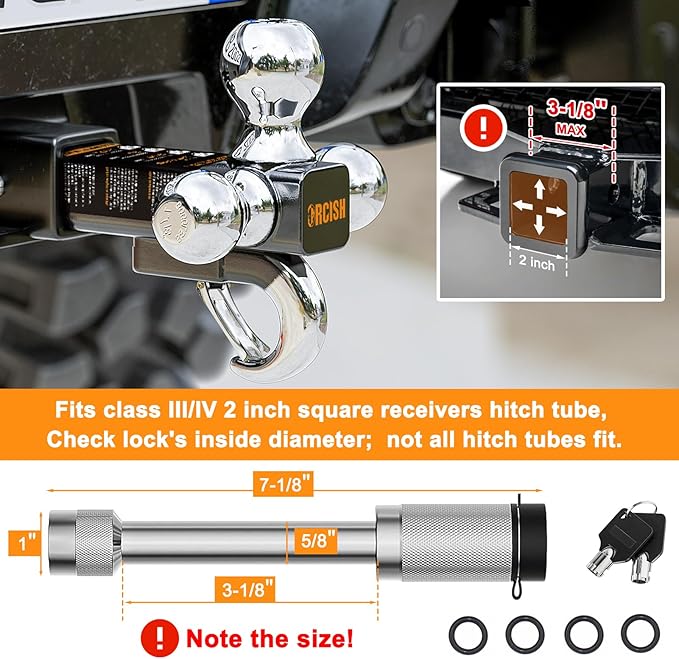 ORCISH Tri-Ball Trailer Hitch with Self-Lock Latch & Hook, Chrome Trailer Ball Size 1-7/8", 2" and 2-5/16", Fit 2 Inch Hitch Receiver, Anti-Theft Locking Tow Hitch Mount, 10,000 lbs Max Capacity