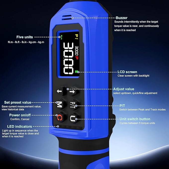 1/4" Digital Torque Wrench 0.33-22.1 Ft.lbs/0.45-30 Nm, Electronic Inch Pound Torque Wrench with 3/8" Adapter Extension Bar for DIY,Motorcycles,Bicycle,Car Buzzer Alarm, ±1% Accuracy 5 Units