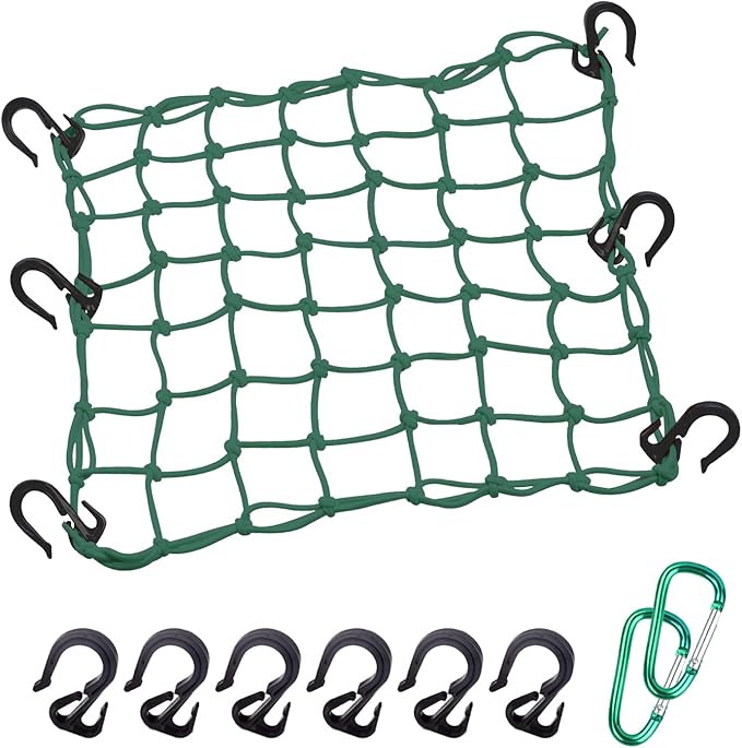 Cargo Net 15"x15" Stretches to 30"x30" with Thicken Hooks | Natural Latex Core, Tight 2”x2” Mesh Small Heavy Duty Bungee Net for Motorcycle Helmet, Bike, ATV, UTV, Luggage (Army Green,1 Pack)