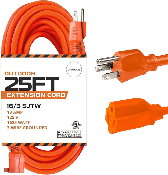 Iron Forge Cable Weatherproof 25 Ft Outdoor Extension Cord - 16/3 SJTW 13 Amp Heavy Duty Highly Visible Orange Extension Cord 3 Prong - Lighted End