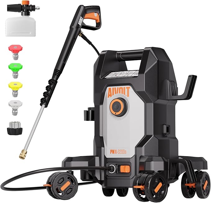 AIVOLT Pressure Washer, Portable Power Washer with Anti-Tipping 4-Wheel Design, 4 Quick-Connect Nozzles, Foam Cannon, Spray Gun & Cleaning Brush Set for Cars, Driveways, Fences, Patios & Home