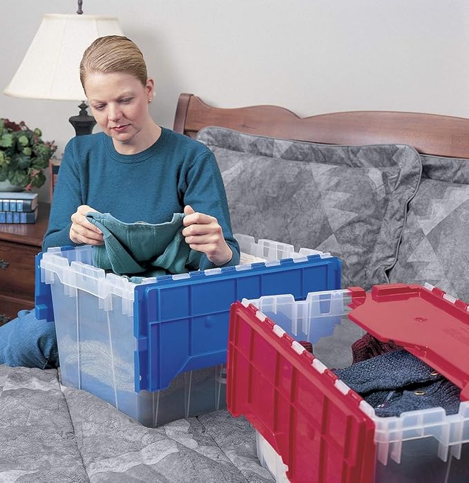 Akro-Mils KeepBox 12 Gallon Storage Container, Nesting and Stackable Plastic Storage Box with Lid Attached, Clear Tote for Garages, Closets, and Moving, 21-1/2" x 15" x 12-1/2", Clear/Red, 6-Pack
