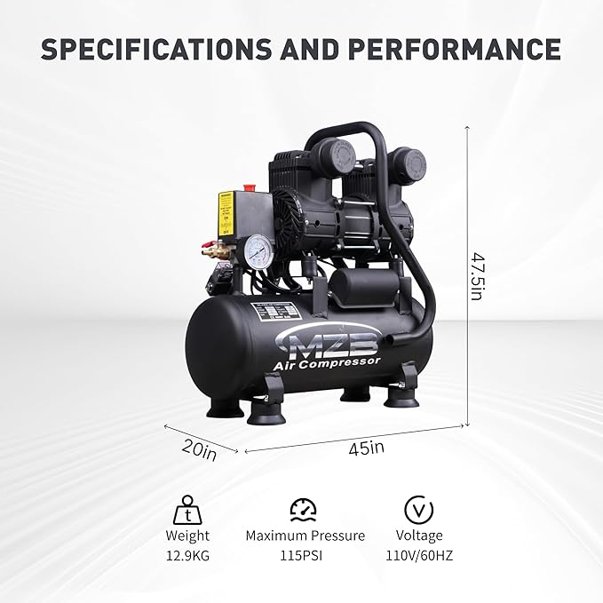 MZB 2.4 Gallon Ultra Quiet Air Compressor 110V/60Hz 1.2HP 5.65CFM, MAX 115PSI Steel Tanks Oil-Free 70dB Noise Level Air Compressor with Wheels for Spray Painting, Auto Repair, Carpentry Decoration