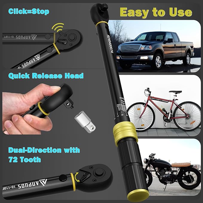 Torque Wrench Set - 5 Pcs 1/4” 3/8" 1/2" Drive, 20-240in.lb, 10-110Ft.lb, 30-250Ft.lb, 72-Tooth Ratchet, Dual-Direction, Dual Range Scales Click Torque Wrenches for Bike, Automotive, Motorcycle