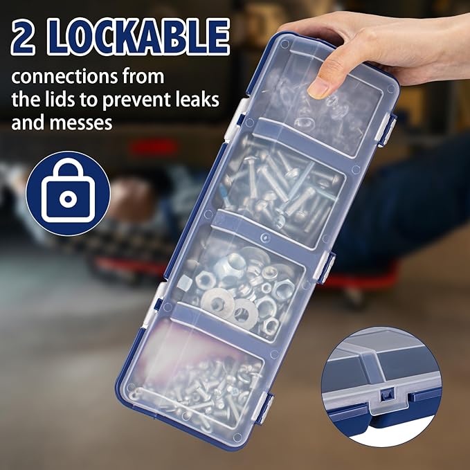 Hushee 8 Pcs Screw Organizer Box with Lid 4 Compartments Tool Bin Divider Plastic Stackable Hardware Organizer Small Part Storage Sorting Screw Box for Garage Workbench Craft Storage (Blue)