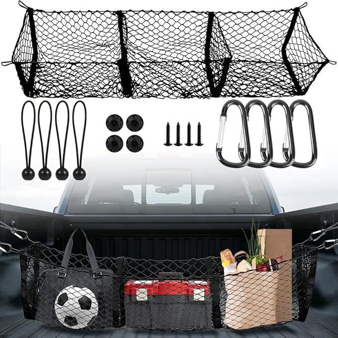 3 Pocket Truck Bed Cargo Net, Universal Mesh Storage Organizer, Black Nylon, 51.1 x 11.8 Inches Stretchable to 62 Inches, Compatible with Ford Chevy GMC Dodge Toyota Pickup Trucks