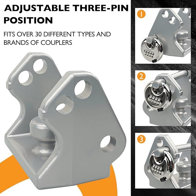 HQPASFY Trailer Hitch Lock with Combination Lock, Trailer Coupler Lock with Pin, Coupler Lock Model Tl-33 Trailer Lock,Fits Over 2" to 2-5/16" Couplers - Silver