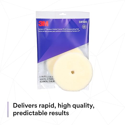 3M Perfect-It Random Orbital Coarse Wool Compounding Pad, 5"/130 mm, White, 34120, Orbital Pads for Automotive Compounding and Polishing