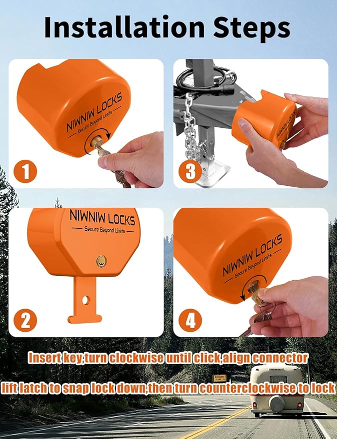 Heavy Duty Trailer Hitch Lock - Universal Fit 1-7/8",2" and 2-5/16" Couplers | Anti-Theft RV Trailer Tongue Lock for Truck Boat | Structural Steel Security Design (Orange)