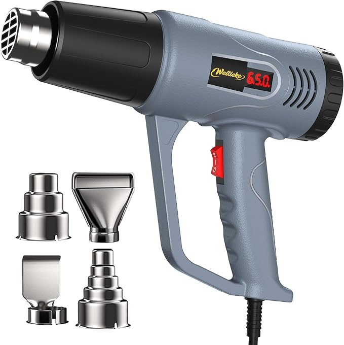 Heat Gun LCD Digital Display 7-Level Temperature Control 122-1202℉ Hot Air Gun with 4 Nozzles Fast Heating Overload Protection for Shrink Tubing, Vinyl Wrap, Crafting,Resin, 5Ft Power Cord