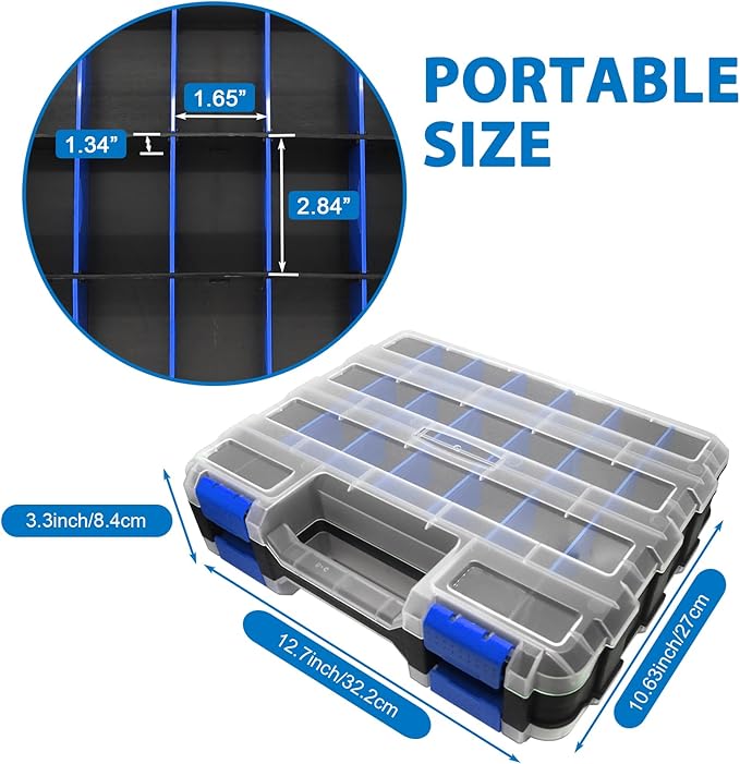 Double Side Tool Box Organizer, Hardware Storage Box, Portable Small Parts Organizer with Removable Plastic Dividers for Screws, Nuts, Nails, Bolts (Blue)