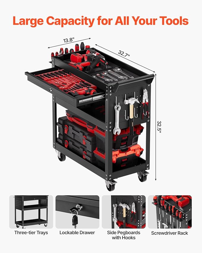 VEVOR 4-Tier Tool Cart with Wheels, 350 lbs Load Capacity, Rolling Work Cart with Drawer & Pegboard, Mechanic Tool Storage Organizer with Locking System for Garage, Warehouse and Repair Shop, Black