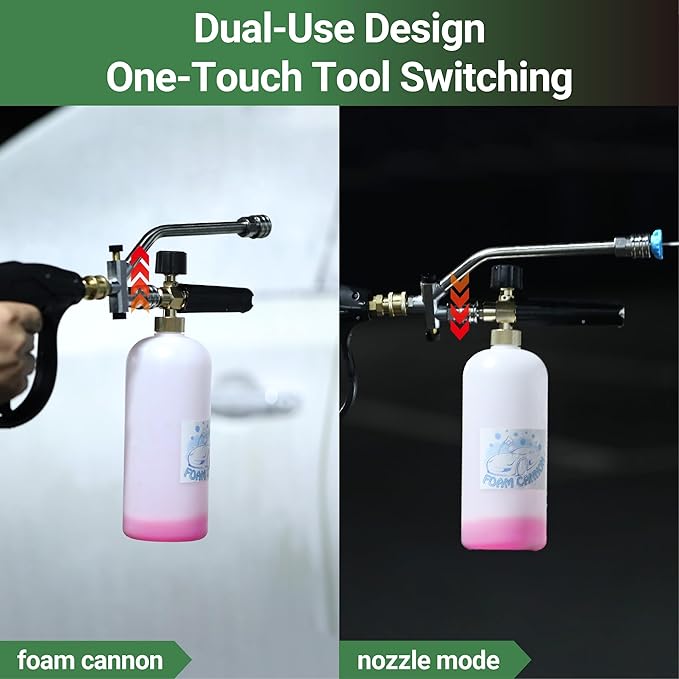 Foam Cannon Dual Connector, Pressure Washer Gun with Soap Cannon, 1/4 Inch Dual Quick Connector, with 7 Nozzle Tips, Container Capacity: 1 Liter
