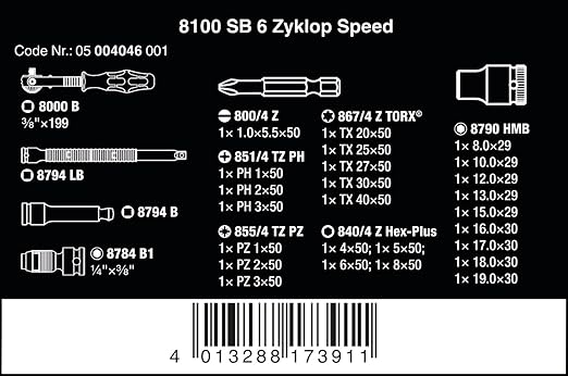 Wera 8100 SB 6 SPEED 3/8 29 PC 3/8" DRIVE METRIC & Tools 05073593001 950 SPKL/9 SM N SB Long ARM HEX Key Set, One Size, Multi