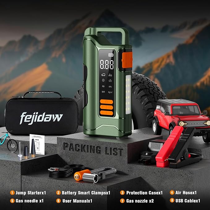 Jump Starter with Air Compressor,5000A Car Battery Jumper Starter, 16000mAh Battery Jumper Starter Portable for 10L Gas/Diesel Engine with 160PSI Booster,LED Display & Light,Jumper Cables