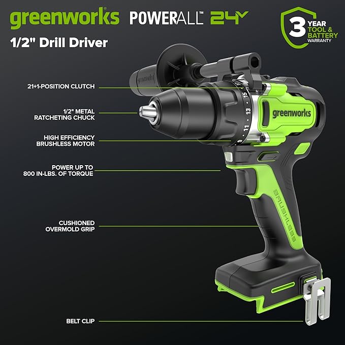 GREENWORKS 24V 1/2” Brushless Cordless Drill (800 In-lbs.), 4.0Ah (24,000mAh Power Bank) USB-C Battery, 3.3 FT Braided Cable, 65W Rapid Charger