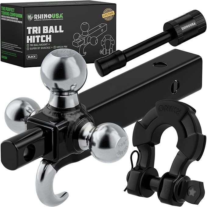 Rhino USA Trailer Hitch Tri-Ball Mount with Hook, Shackle & Locking Pin (2-Inch Receiver) Versatile Tow Hitch Ball Size 1-7/8 Inch, 2 Inch & 2-5/16 - Heavy Duty Truck Towing Hitch (Black)