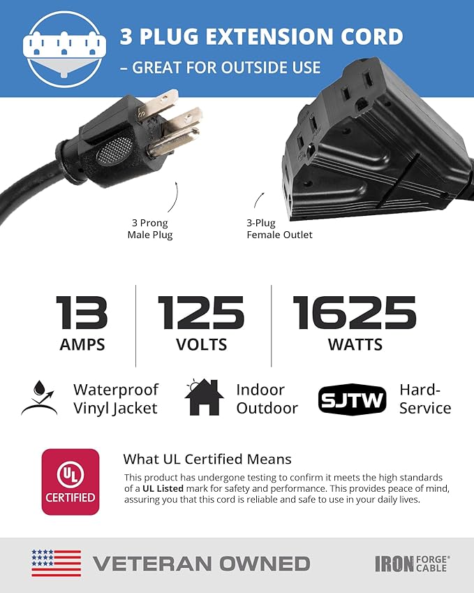 Iron Forge Cable 6 Ft Black Extension Cord with 3 Outlets - 16/3 SJTW 6 Foot Extension Cord 3 Prong, Weatherproof Exterior Power Cable for Outdoor