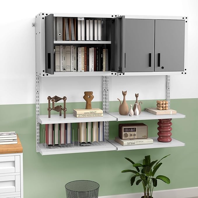 Goplus Garage Wall Cabinet, Metal Wall Mounted Tool Storage Chest with 3 Adjustable Shelves, Lockable Doors, Keys, Hanging Tool Cabinet for Workshop, Basement, Kitchen