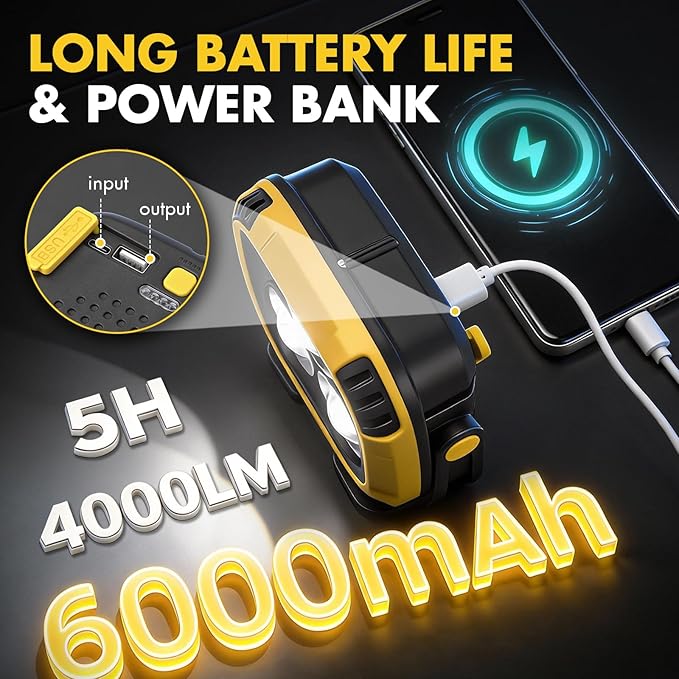 6000mAh Magnetic Work Light Rechargeable, 4000LM Magnetic Light with Hook, IP65 Waterproof, 30H Runtime, Portable LED Work Light for Car Repair, Job Site Lighting, Emergency(Yellow)