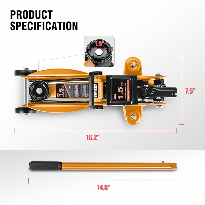PM PERFORMOTOR Low Profile Hydraulic Trolley Service/Floor Jack, 1.5 Ton (3000 lbs) Capacity, Lifting Range 5.3"-12",Orange,PM-TOL-FJ15-OG