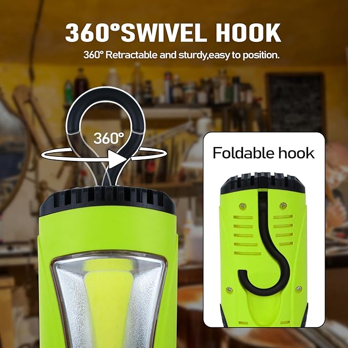EP 15 Ft LED Work Light, 1200 Lumen COB LED Trouble Light - 16 Gauge SJTW Indoor Outdoor Extension Cord, Handheld, Magnetic Base, Rotatable Hanging Hook - Green