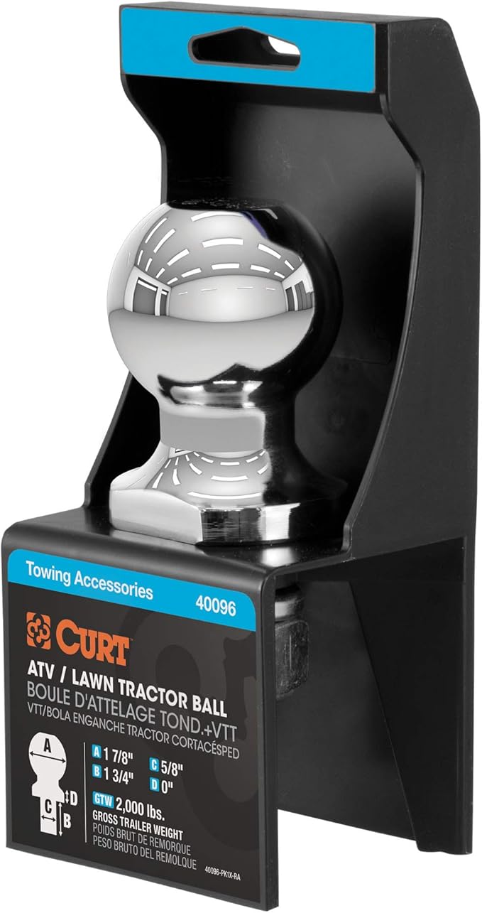 CURT 40096 Chrome ATV, UTV, Lawn Tractor Hitch Ball, 2,000 lbs, 1-7/8-Inch Diameter, 5/8 x 1-3/4-Inch Shank