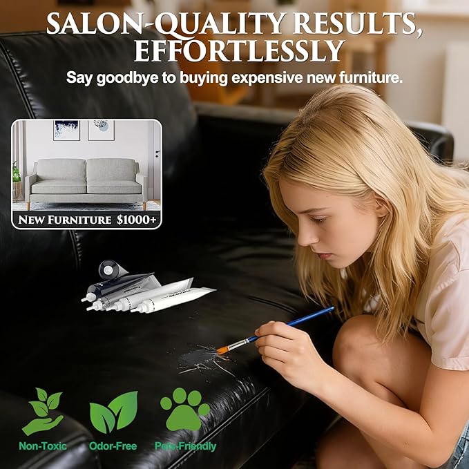 Black Leather Repair Kit for Furniture, Car Seats, Sofa, Jacket, and Purse, Vinyl Repair Kit with Super Easy Instructions to Match Any Color, Restore Any Glossy Leather Surface
