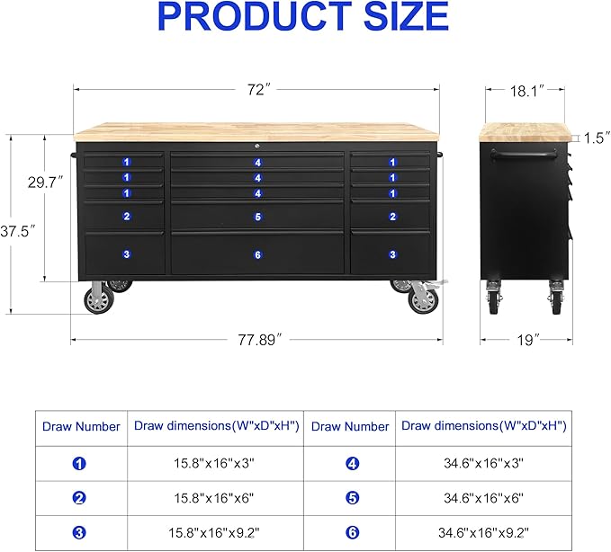 72-Inch Steel Rolling Tool Box with 15 Drawers, Heavy-Duty Mobile Garage Workbench, Lockable Large Tool Chest Storage Cabinet with Wheels for Workshop, Matte Black Finish